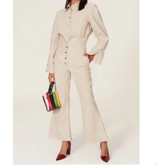 Sara Battaglia High Waist Faux Leather Pants Cream Wide Leg IT Size 42 - Picture 6 of 16